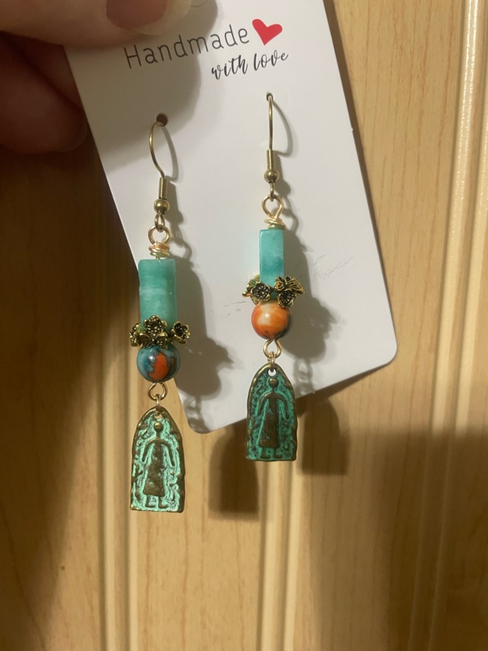 Handmade Turquoise & Orange Dangle Earrings with Gold Accents - Picture 8 of 9